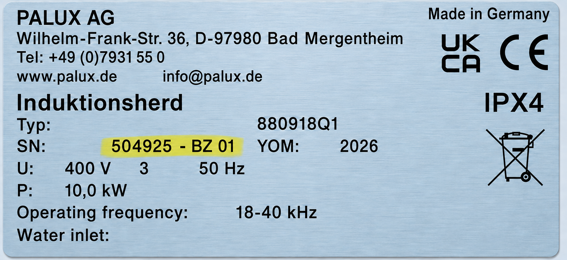 Typennummer auf dem Typenschild